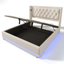 (140x200cm, Beige) Lit simple avec LED, USB-C et rangement sans matelas