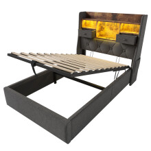 (90x200cm, No) Lit capitonné avec coffre, LED tête de lit, ports USB Type-C et sommier à lattes sans matelas