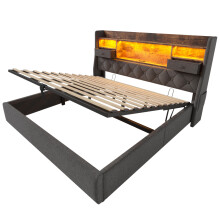 (180x200cm, No) Lit capitonné avec coffre, LED tête de lit, ports USB Type-C et sommier à lattes sans matelas