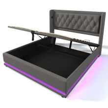 (160x200cm, Grey) Lit simple avec LED, USB-C et rangement sans matelas