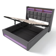 (180x200cm, Grey) Lit simple avec USB et LED, rangement et sommier Ă lattes sans matelas