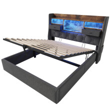 (140x200cm, No) Lit capitonné avec coffre, LED tête de lit, ports USB Type-C et sommier à lattes sans matelas