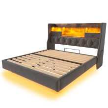(140x200cm, Yes) Lit capitonné avec coffre, LED tête de lit, ports USB Type-C et sommier à lattes sans matelas