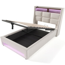 (90x200cm, Beige) Lit simple avec USB et LED, rangement et sommier Ă lattes sans matelas