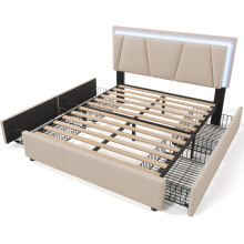 (Beige, 160x200cm) Lit capitonné avec LED, 4 tiroirs, tête réglable et rangement sans matelas