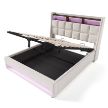 (180x200cm, Beige) Lit simple avec USB et LED, rangement et sommier Ă lattes sans matelas