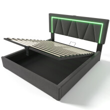 (160x200cm) Lit double avec LED, USB-C, rangement sous-lit et tĂŞte de lit sans matelas