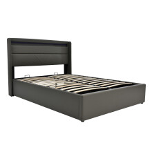 (Grey, 140x200cm) Lit coffre hydraulique avec LED et rangement intégré