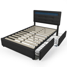 (Black, 90x200cm) Lit capitonné avec LED, 4 tiroirs, tête réglable et sommier sans matelas