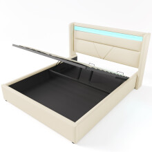 (White, 140x200cm) Lit coffre hydraulique avec LED et rangement intégré