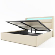(White, 160x200cm) Lit coffre hydraulique avec LED et rangement intégré