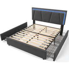 (Grey, 160x200cm) Lit capitonné avec LED, 4 tiroirs, tête réglable et rangement sans matelas