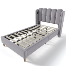 (90x200cm, Grey) Lit simple avec USB-C et cadre à lattes pour chambre ou invités