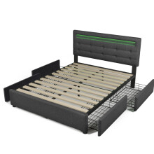 (Grey, 140x200cm) Lit capitonné avec LED, 4 tiroirs, tête réglable et sommier sans matelas