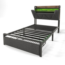 (90x200cm) Lit simple avec USB-C, LED, tĂŞte de lit, rangement et tiroirs sans matelas