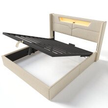 (160x200cm, Beige) Lit double avec LED, USB-C, rangement sous-lit et tĂŞte de lit sans matelas