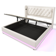 (White, 160x200cm) Lit double avec rangement hydraulique, LED et ports USB Type-C sans matelas