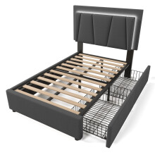 (Grey, 90x200cm) Lit capitonné avec LED, 4 tiroirs, tête réglable et rangement sans matelas