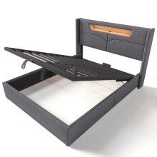 (140x200cm, Grey) Lit double avec LED, USB-C, rangement sous-lit et tĂŞte de lit sans matelas