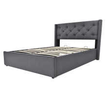 (Grey, 140x200cm) Lit capitonné avec rangement intégré et sommier à lattes sans matelas
