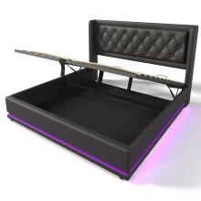 (Black, 180x200cm) Lit double avec rangement hydraulique, LED et ports USB Type-C sans matelas