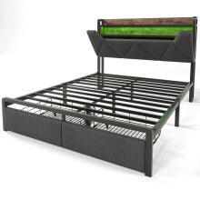 (160x200cm) Lit simple avec USB-C, LED, tĂŞte de lit, rangement et tiroirs sans matelas