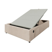 (Beige,Natural, 90x190cm) Lit capitonné avec USB-C et rangement intégré sans matelas