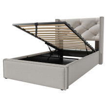 (Light Grey, 90x200cm) Lit capitonné avec rangement intégré et sommier à lattes sans matelas