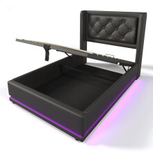 (Black, 90x200cm) Lit double avec rangement hydraulique, LED et ports USB Type-C sans matelas