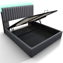 (160x200cm) Lit double avec rangement, LED, contrôle app, USB-C et tête réglable sans matelas