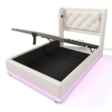 (White, 90x200cm) Lit double avec rangement hydraulique, LED et ports USB Type-C sans matelas