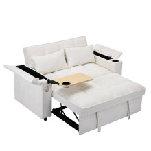 Canapé-lit 3-en-1 140,57482 cm - dossier réglable - USB et Type-C - table intégrée - porte-gobelets - beige