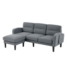 (Gray, 202 x 137 x 80cm) Canapé d’angle 3 places avec méridienne, poche latérale et coussins amovibles