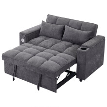 Canapé-lit 3-en-1 140,57482 cm - dossier réglable - USB et Type-C - table intégrée - porte-gobelets - gris