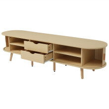 Meuble TV salon plateau rond MDF effet bois 2 tiroirs capacite 30KG 175x40x42cm