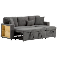 Canapé d’angle convertible L - fonction lit - coffre rangement - étagère intégrée - USB - tissu Oxford gris foncé - 3 à 4 places