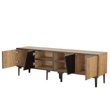 Meuble TV 160x36.5x45cm 4 compartiments 7 pieds support design minimaliste salon TV 65 pouces bois naturel