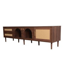 Meuble TV 180cm marron TV 80 pouces 2 tiroirs rotin 2 portes verre courbe 1 porte rotin eclairage LED lowboard salon