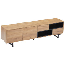 Meuble TV bas 173x38x48cm bois naturel panneaux agglomeres rangements multiples etageres ouvertes TV jusqu a 70 pouces