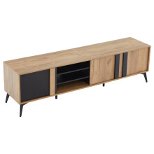 Meuble TV rustique 180cm bois brun noir lowboard 3 portes 4 etageres ouvertes TV jusqu a 85 pouces