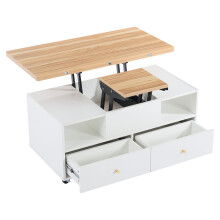Table basse relevable 100x50x47.5cm 4 tiroirs plateau hydraulique grand petit rabattable multifonction roulettes bois MDF blanc