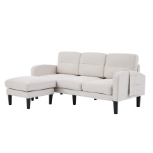 (Beige, 204 x 136 x 80cm) Canapé d’angle 3 places avec méridienne, poche latérale et coussins amovibles