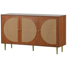 Buffet 3 portes decor rotin highboard poignees metal chambre salon bureau noyer 129.8x40x76cm