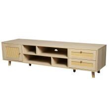 Meuble TV premium 160cm bois clair rotin TV 70 pouces gestion cables 2 tiroirs 1 porte meuble bas salon