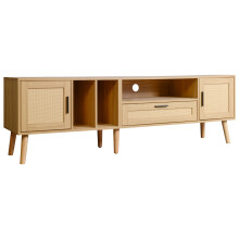 Meuble TV spacieux 180cm decor rotin 2 portes 1 tiroir pieds bois massif TV jusqu a 80 pouces rangement elegant