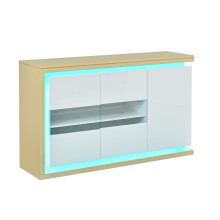 Buffet 140x40x84cm LED commode haut brillant 3 portes armoire portes verre trempé etageres reglables blanc
