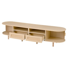 (Light Oak) Meuble TV ovale avec 2 tiroirs, 2 portes coulissantes et grand espace de rangement