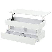 (White, 100 x 50 x 46cm) Table basse relevable avec LED, Bluetooth, 2 tiroirs et rangement ouvert