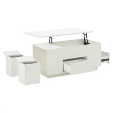 (White) Table basse relevable 4-en-1 avec LED, 2 tiroirs, 2 tabourets et rangement caché