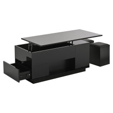 (Black) Table basse relevable 4-en-1 avec LED, 2 tiroirs, 2 tabourets et rangement caché
